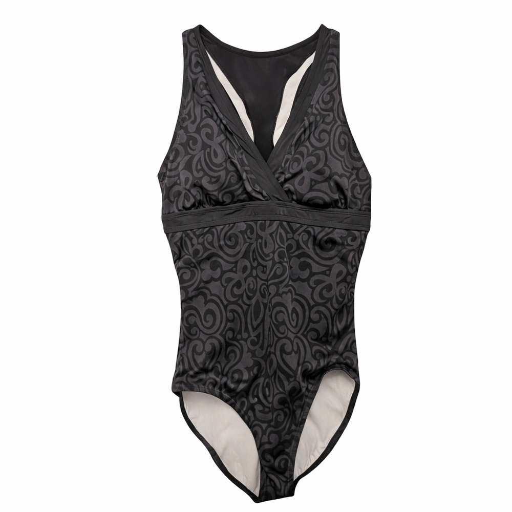 NIKE One Piece Swimsuit Racerback V-Neck Grey Black Swirl Print 14 - Picture 2 of 11